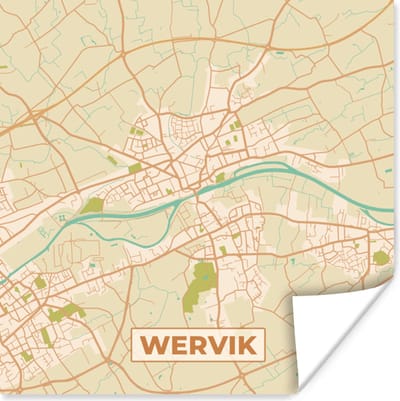 Poster Plattegrond - Retro - Kaart - Wervik - Stadskaart - 100x100 cm XXL