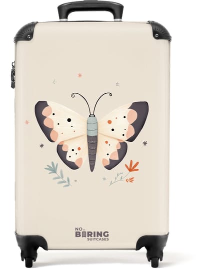 NoBoringSuitcases.com® - Kinderkoffer meisje - Kindertrolley meisjes - Vlinder in neutrale pastel kleuren - Handbagage koffer lichtgewicht - Reiskoffer trolley kinderen - Rolkoffer met wieltjes - Past binnen 55x40x20 en 55x35x25