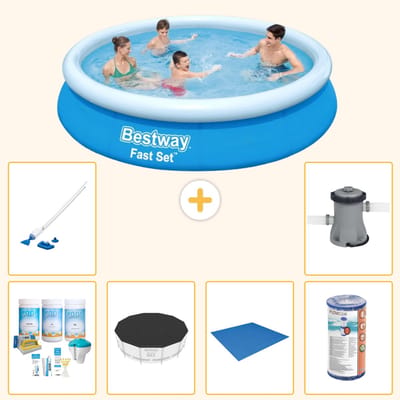 Bestway Rond Opblaasbaar Fast Set Zwembad - 366 x 76 cm - Blauw - Inclusief Onderhoudspakket - Afdekzeil - Grondzeil - Filter - Stofzuiger - Zwembadfilterpomp - 7-delig