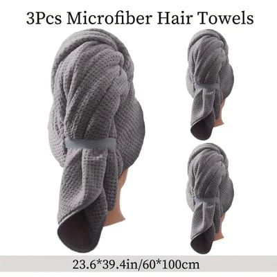 Daity 3-pack superzachte microvezel haarbanden met elastische wikkels - superabsorberende - pluisvrije - snel drogende tulbanden met elastische band 100*60cm(grijs)