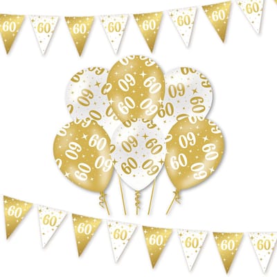 Q2P - 60 Jaar - Slingers - Ballonnen - Wit & Goud Set - Verjaardag Versiering - Helium Ballon