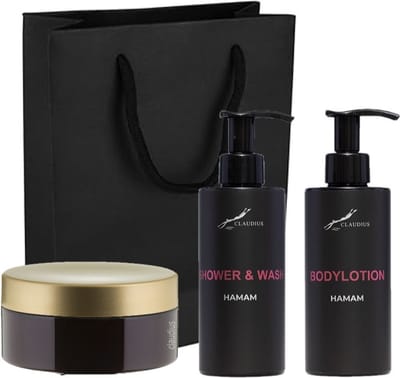 Douchepakket Hamam - Shower & wash + Bodylotion + Scrubzout 300 gram - 300 ml per fles - set van 3 stuks - met luxe gift tas - cadeau - giftset voor hem en haar