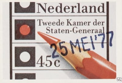 Briefkaart met afbeelding Verkiezingszegel, met datum verkiezingen postzegel