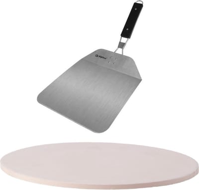 BBQ/oven pizzasteen rond keramiek 30 cm - Met inklapbare RVS pizzaschep 25 cm - Pizza stone