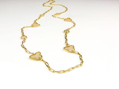 lange zilveren halsketting collier halssnoer geelgoud verguld Model Vlinder en Bol met beige stenen