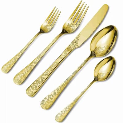 MakkelijkMooi 20 delig Lux Eetbestek Goudkleurig met Elegant Design - Servies - Bestek - Mes - Bestekset - Lepel - Vork - Goudkleurig - 4 persoons