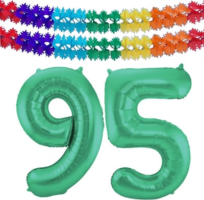 Folat Verjaardag Leeftijd folieballon - 95 jaar - groen - 86 cm - cijferballon groot - incl 2x feestslingers