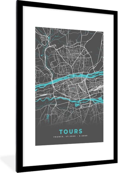 Fotolijst incl. Poster - Tours - Plattegrond - Frankrijk - Kaart - Stadskaart - 80x120 cm - Posterlijst