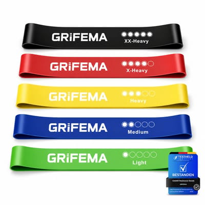 GRIFEMA Weerstandsbanden Set van 5 - Natuurlijk Latex - 5 Niveaus - Voor Bodybuilding, Yoga & Pilates - Incl. Trainingshandleiding & Draagtas