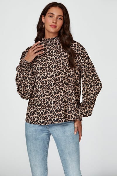 Blouse met luipaardprint, lange mouwen en hoge hals in bruin