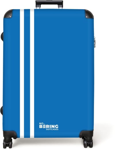 NoBoringSuitcases.com® - Koffer groot - Reiskoffer lichtgewicht - Helderblauwe achtergrond met dubbele witte zijstrepen links - Rolkoffer met 4 wielen - Grote trolley XL - 98 liter bagage