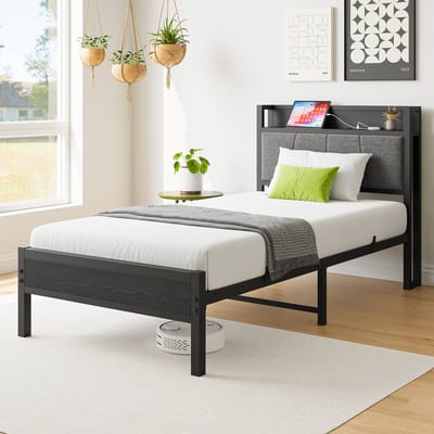 MIVRAY Eenpersoonsbedden 90x200 cm - Metalen Bedframe - Stevig Bed - USB Aansluiting - Opbergruimte - Zwart