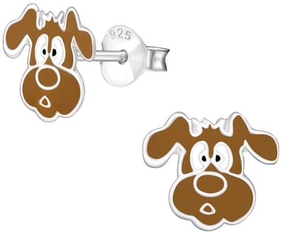 Joy|S - Zilveren hond oorbellen - 10 x 9 mm - bruin - kinderoorbellen