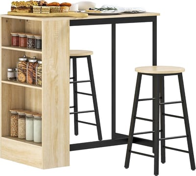 Bartafelset met krukken - Verstelbare bartafel met open vakken en voetensteun, ideaal voor keuken en eetkamer