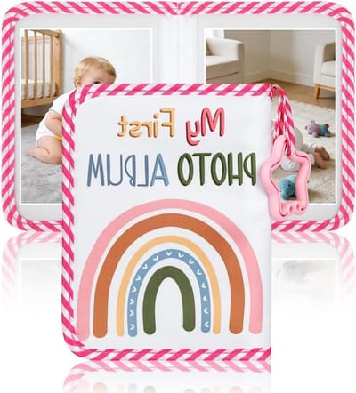 Baby Album voor 17 Foto's in 16.5 x 11.5 cm, Familie Herinneringen Boek 'Mijn Eerste Jaar', Zacht Stoffen Album, Bewaaralbum voor Baby's, Regenboog Design