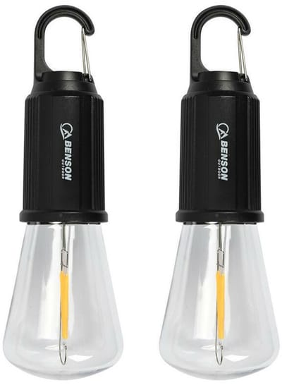 Benson Campinglamp - 2x - zwart - kunststof - 5.4 x 17.5 cm - lantaarn - oplaadbaar met karabijnhaak