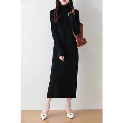 Jurk met hoge revers voor dames Gebreide rechte buis Losse slanke onderkant Truienjurk Over de knie Middellang Kasjmier rok 2XL