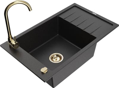 Mexen Elias granieten spoelbak 1-komerig met afdruiprek en keukenkraan Telma, zwart/zilver - 6511-73-670200-50