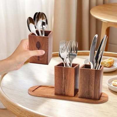 Houten Keuken Organizer met 3 Compartimenten en Snijplank - Bestekhouder en Keukenaccessoires voor Thuis en Restaurants