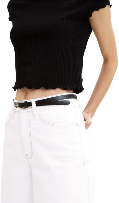 Tom Tailor Denim - TTPAULA smalle leren riem met afgeronde gesp - Maat 85 - black uni