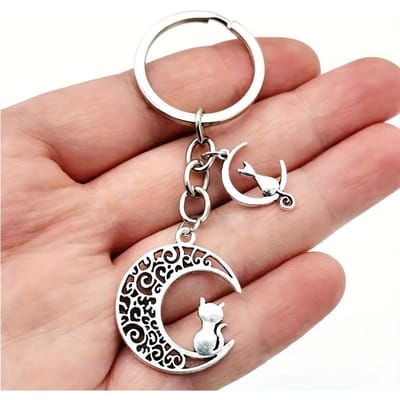 Glamour Antiek Zilverkleurige Maankat Hanger Sleutelhanger Mode Dames Hanger Heren Hanger Maankat Sleutelhanger Auto Sleutelhanger Ring Souvenir Cadeaus beige