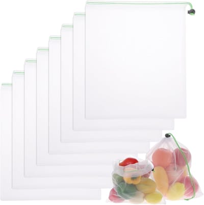 Set van 8 Herbruikbare Groente- en Fruitzakken 35x30 cm – Nylon Netzakken met Trekkoord, Duurzaam en Milieuvriendelijk – Voor Boodschappen en Voedselopslag