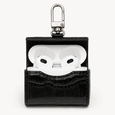 Enluxe Case geschikt voor Airpods 4 - Zwart Krokodillenleer - Luxe Leren Hoesje met Karabijnhaak, Schokbestendig Hoesje