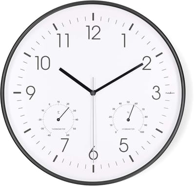 Nedis Wandklok - Diameter: 300 mm - Kunststof - Stille beweging - Thermometer (temperatuur) - Hygrometer - Wit / Zwart