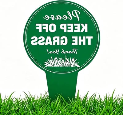 Dubbelzijdige metalen marker Please Keep Off voor gras, weerbestendig en roestvrij, ideaal voor tuinen en openbare ruimtes, met robuuste haringen
