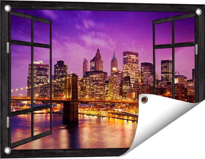 Gards Tuinposter Doorkijk Skyline New York van Centrum in het Paars - 60x40 cm - Tuindoek - Tuindecoratie - Wanddecoratie buiten - Tuinschilderij