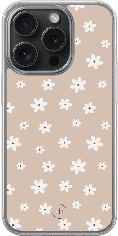 Hoesje geschikt voor iPhone 15 Pro - Cute flowers - 2in1 backcover - Bloemen - Beige - Leuke Telefoonhoesjes