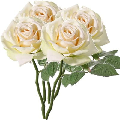 Top Art Kunstbloem Roos de luxe - 5x - creme wit - 30 cm - kunststof steel - decoratie bloemen