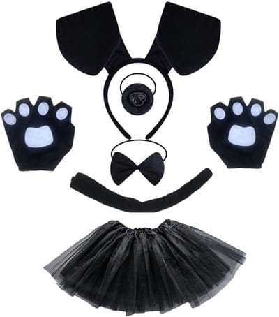 Zwart Puppy Kostuum voor Volwassenen – 6-Delige Verkleed Set met Oren, Neus, Strik, Staart en Poot Handschoenen voor Halloween en Themafeesten