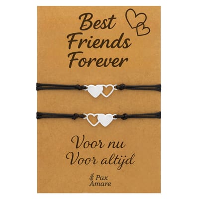 Vriendschapsarmbandjes voor 2 "Best Friends Forever" - Hartjes - BFF Armbandjes met Persoonlijk Cadeau Kaartje - Zilverkleurig - Elastisch Verstelbaar - Pax Amare