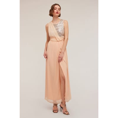 Motivi Long Peplum Dress With Full Sequin Bodice Pink Size: 32 | Maxi Dresses Outlet | Dames | Roze