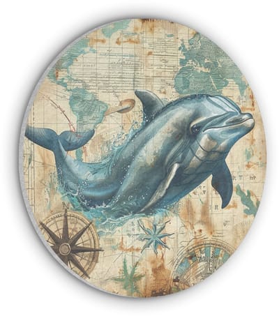 Akoestisch wandpaneel rond 30x30 cm - Vilt schilderij Vintage - Dolfijn - Dieren - Watercolor - Blauw - Ronde akoestische panelen - Geluidsdempende wanddecoratie - Geluidsisolatie wandcirkel - Muurdecoratie geluidspanelen