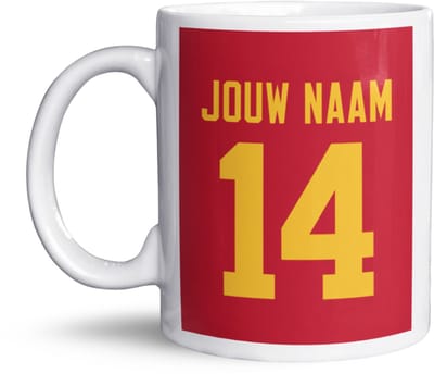 NietMokken.nl - Gepersonaliseerde Amsterdam Voetbal Mok – Eigen Naam & Rugnummer – Rood-Goud-Wit Voetbalshirt Design – Keramische Koffiemok 325 ml – Vaatwasser- & Magnetronbestendig – Aan beide zijden bedrukt