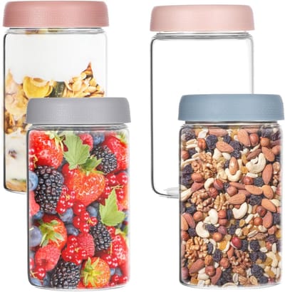 Herbruikbare Overnight Oats Jars - 4-pack 600ml, Perfect voor Oatmeal, Salades, Fruit en Yogurt Opslag