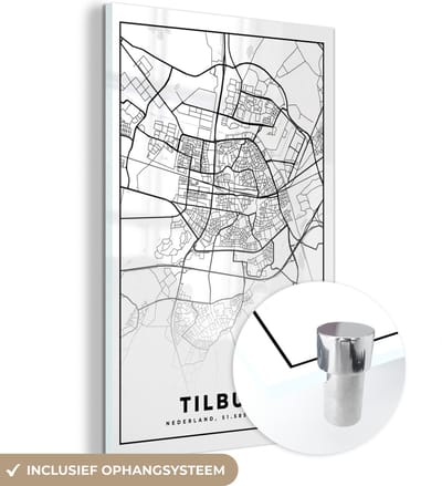 MuchoWow® Glasschilderij 40x60 cm - Schilderij acrylglas - Kaart - Tilburg - Zwart - Wit - Foto op glas - Schilderijen