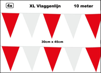 40 meter XL Vlaggenlijn rood/wit 30cm x 45cm – 4x vlaggenlijn rood/wit 10 meter - Giga vlaglijn themafeest party festival