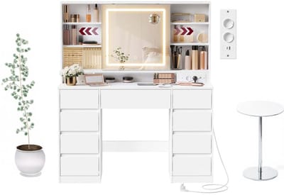 Homesy Kaptafel met spiegel en ledverlichting, stekkerdoos, 9 lades, 10x vergrotende spiegel, 3 lichtkleuren, verstelbare planken, wolkenwit