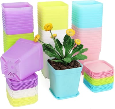 Plantenpot -plantenpotten voor binnen-kweekpot-30 stuks kleine plastic bloempotten 7 cm - vierkante plantenkweekpotten met schaal - zaailingpotten - kleurrijke plastic bloempotten voor tuin, kantoor en balkondecoratie - veelkleurig