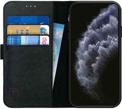 Rosso Deluxe Echt Leer Book Case Hoesje Geschikt voor Apple iPhone 11 Pro | Ruimte voor drie pasjes | Portemonnee Book Case | Met Pasjeshouder | Zwart