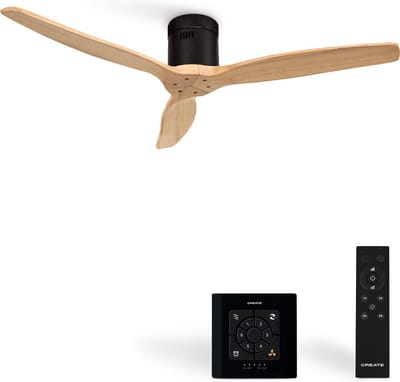 CREATE - Plafondventilator 40W silent Ø132 cm - Controller voor wandmontage - afstandsbediening - Zwart Naturel Hout- WIND CALM