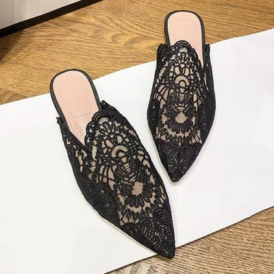 Designer Mesh Borduur Mules Schoenen Dames Slippers Lente Zomer Slides Mode Zwart Wit Puntige Neus Schoenen Flats Sandalen 40 zwart