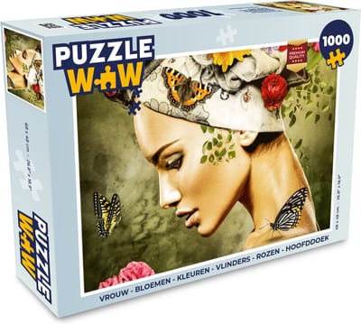 Puzzel Vrouw - Bloemen - Kleuren - Vlinders - Rozen - Hoofddoek - Legpuzzel - Puzzel 1000 stukjes volwassenen