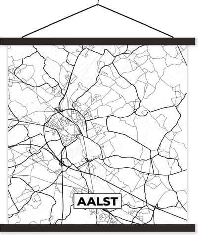 Posterhanger incl. Poster 60x60 cm - Schoolplaat - België – Aalst – Stadskaart – Kaart – Zwart Wit – Plattegrond - Textielposter - Zwarte latten - Stadskaart