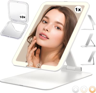 Make-up Spiegeltje - Draagbaar Verlicht - Snel Opfrissen - Drie Kleuren Licht - 19 x 13 cm - Wit