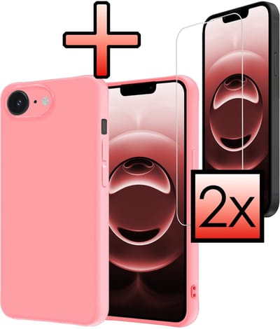 Hoesje - Met 2x Screenprotector - Geschikt voor Apple iPhone 16e / 17e - Sterk & Shockproof - Back Cover - Siliconen Case - Telefoon Hoes - Lichtroze