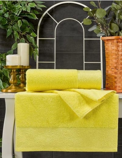 Lubna Home  badhanddoekset  2 PACK 70x140 cm-50x90 cm Gekamde Katoen FOLD GEEL